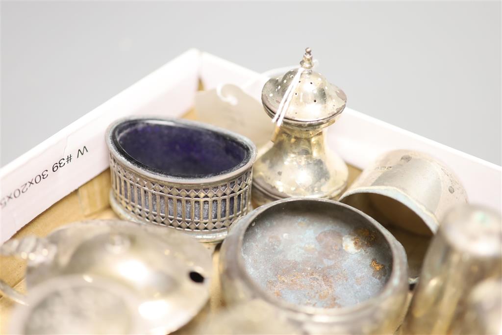 Eight assorted silver condiments including pair of Victorian mounted glass and a Georgian bun salt etc.